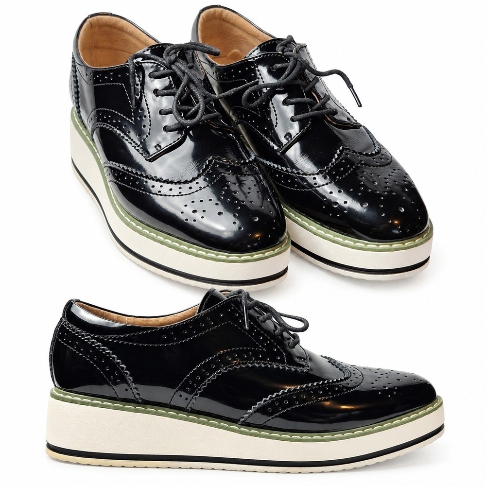 DADAWEN Platform Lace-Up Wingtip Oxford Womens Sz EU/41 US/10 Black Patent White